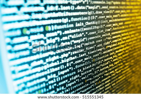 Website codes on computer monitor. Programming of Internet website. Mobile app developer. Source code close-up. Internet security hacker prevention. Coding script text on screen. 
