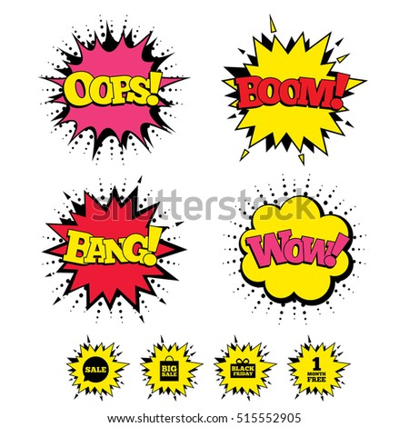 Comic Boom, Wow, Oops sound effects. Sale speech bubble icon. Black friday gift box symbol. shopping bag. First month free sign. pop art Vector