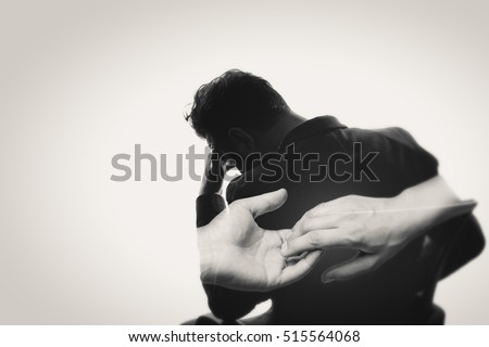 Concept, depicting parting. Black and white image created using multiple exposures. The photo silhouette upset man and a gesture symbolizing the parting. There is space for your text.