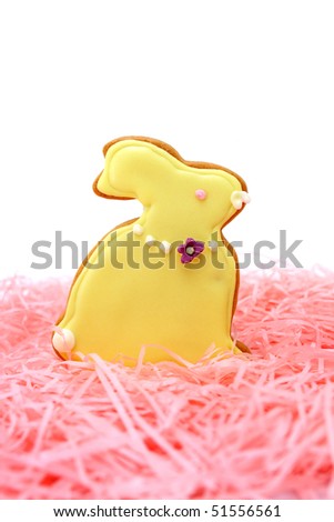 Close up of easter bunny cookies on pink ribbons over white background.