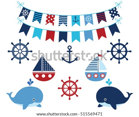 Nautical navy blue and red collection of whales, boats, buntings, anchor, wheels. Marine and ocean theme design elements set for baby showers, birthdays, invitations.