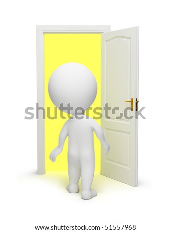 3d small people opened a door in other dimension. 3d image. Isolated white background.