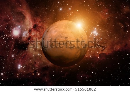 Solar System - Mars. It is the fourth planet from the Sun. Mars is a terrestrial planet with a thin atmosphere, having craters, volcanoes, valleys, deserts. Elements of this image furnished by NASA Royalty-Free Stock Photo #515581882