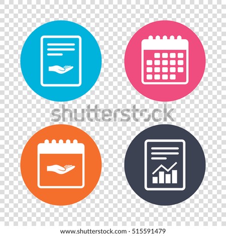 Report document, calendar icons. Donation hand sign icon. Charity or endowment symbol. Human helping hand palm. Transparent background. Vector