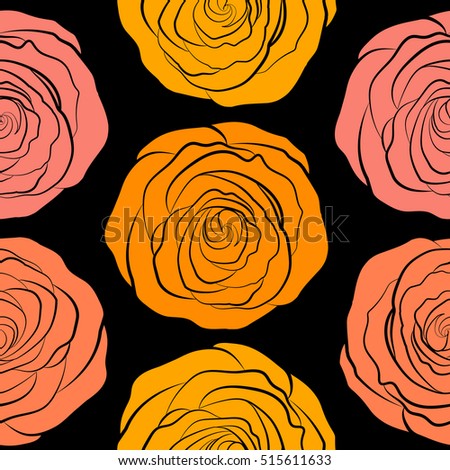 Flower seamless pattern. Hand drawn background with dogrose flowers. Vintage dog rose pattern. Abstract pink, orange and yellow roses sketch. Wild rose design. Flower card with dog rose.