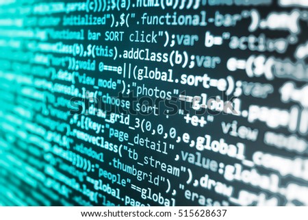Coding script text on screen. Script procedure creating. Monitor closeup of function source code. Software abstract background. Software development. Programming code on computer screen. 

