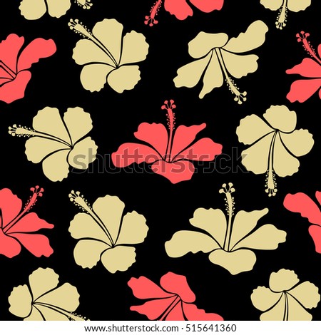 Aloha typography with hibiscus floral illustration for t-shirt print, seamless pattern vector illustration in pink and neutral colors on black background.