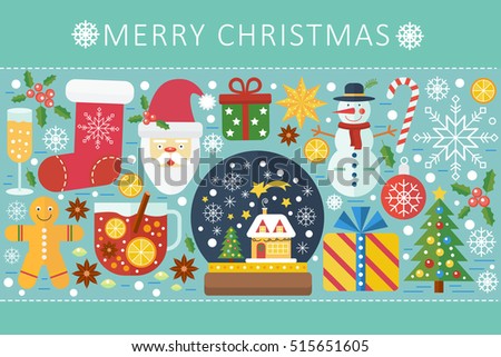 Vector elegant color flat Christmas and Happy New Year concept. Website header banner icons elements layout. Presentation, flyer and poster. Merry Christmas