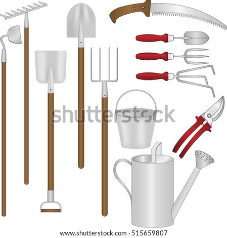 Vector set of garden tools: hoe, rake, shovel, bayonet spade, forks, bucket, watering can, pruner. Cartoon style gardening equipment. Royalty-Free Stock Photo #515659807