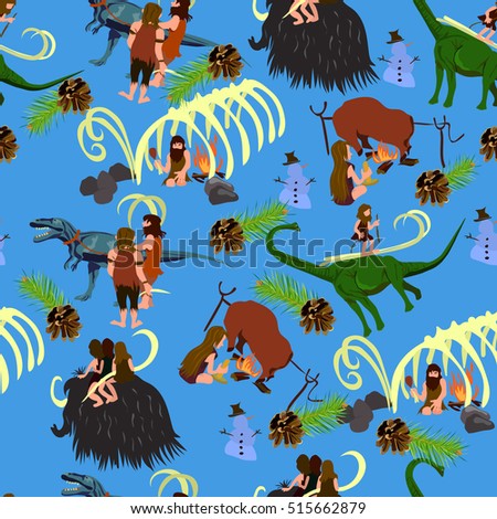Christmas pattern with dinosaurs and primitive people.