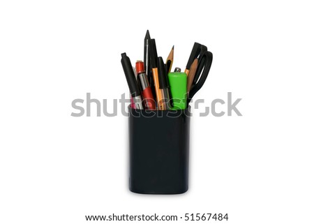  Pens, pencils, scissors and other tools in pencil holder isolated on white Royalty-Free Stock Photo #51567484