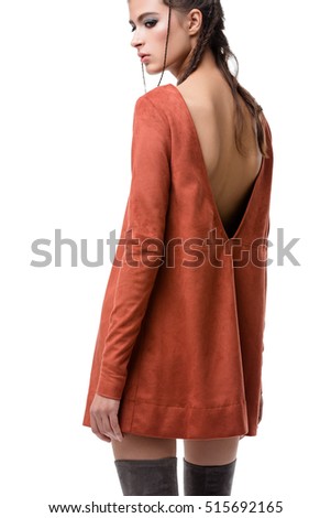 Suede orange short dress isolated seventies style 