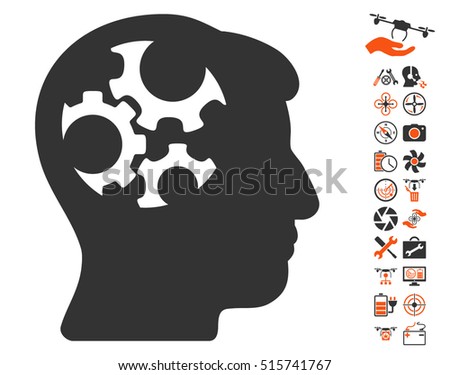 Mind Gears icon with bonus aircopter tools design elements. Vector illustration style is flat iconic symbols on white background.