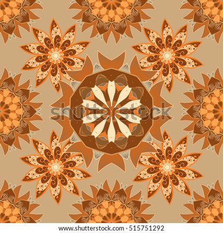 Seamless pattern with Mandalas. Vector ornaments, light brown background. Brown, beige.