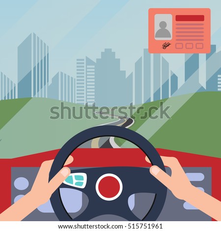 Hands of a driver on steering wheel of a car and empty asphalt road with motion blurred sky Royalty-Free Stock Photo #515751961