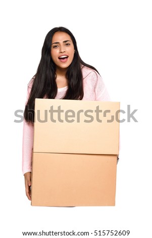 Young beautiful woman with cardboard boxes. Isolated white background.