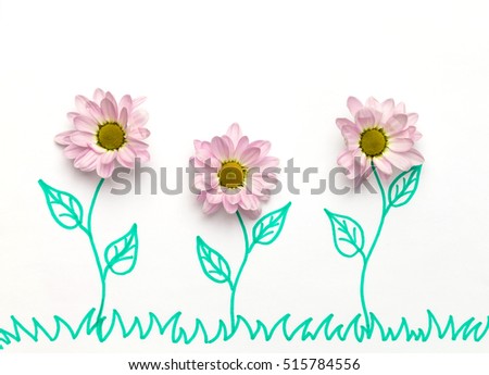 Unusual, creative and beautiful card, combined with fresh flowers pink chrysanthemums and drawn grass.