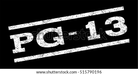 Pg-13 watermark stamp. Text tag between parallel lines with grunge design style. Rubber seal stamp with unclean texture. Vector white color ink imprint on a black background.