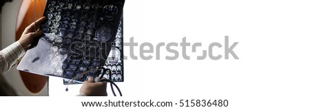 long empty banner white color with  doctor holding a picture of a brain MRI workflow in diagnostic hospital 