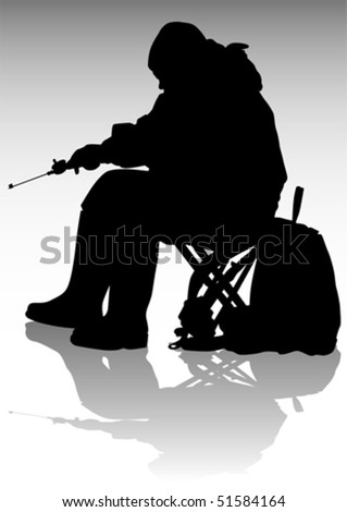 Vector drawing fisherman with a fishing rod during the winter fishing