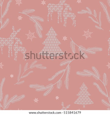 Beautiful lacy pattern featuring Christmas trees, snowflakes, pine branches and deer family on a dusty rose background. 