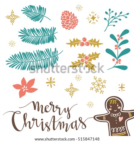 Template for Greeting Scrap booking, Congratulations, Invitations, stickers. Vector illustration with lettering 'merry christmas' and isolated christmas brahches.Gingerbread are hidden under the mask.