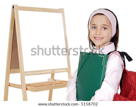 adorable girl studying whit slate in white - write your text -