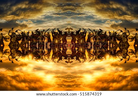 Mythical fantasy image of Valhalla in the sky with the Scandinavian warriors (Vikings) during the battle Royalty-Free Stock Photo #515874319