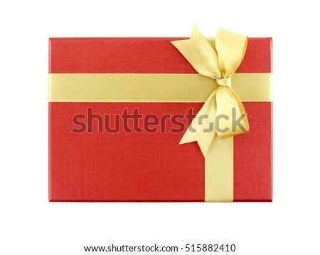 red gift box with elegance golden ribbon bow isolated on white background, flatlay close-up top view Royalty-Free Stock Photo #515882410