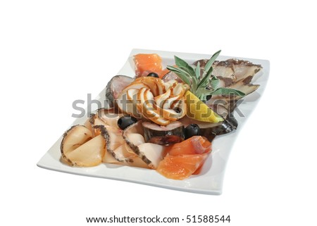 Snack of different fish varieties - combination of smoked salmon, sturgeon, herring, mackerel and halibut