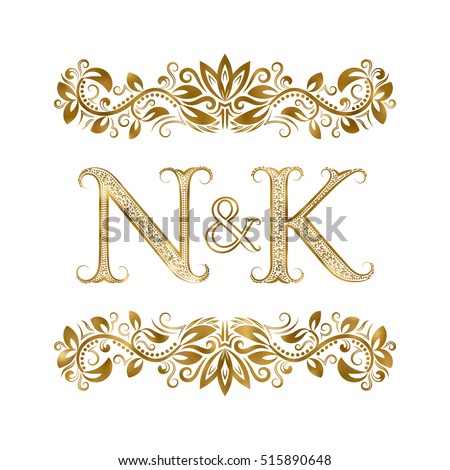 N and K vintage initials logo symbol. The letters are surrounded by ornamental elements. Wedding or business partners monogram in royal style.