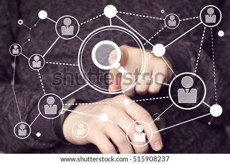 Businessman push button search magnifier loupe network web