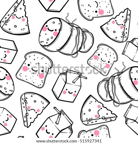 Cute seamless pattern with cartoon cheese, milk. bread and meat sausage. Food cartoon character. Cute vector poster. cartoon anime style.