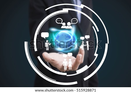 Businessman hand and icon on networking system concept technology people social network communication.
