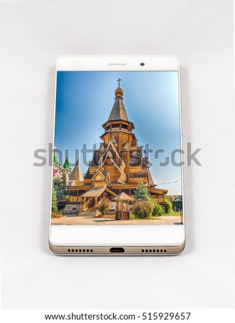 Modern smartphone with full screen picture of Moscow, Russia. Concept for travel smartphone photography. All images in this composition are made by me and separately available on my portfolio