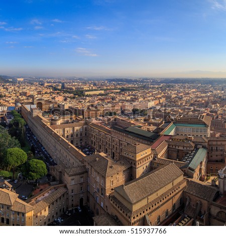 A view of the Sistine Chapel and the Vatican in Rome from the dome of St. Peter, sunny morning Royalty-Free Stock Photo #515937766
