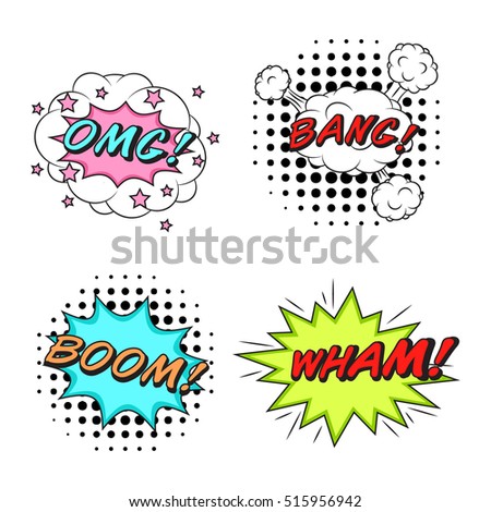 Comics style vector stickers set of 4: OMG! BANG! BOOM! WHAM!