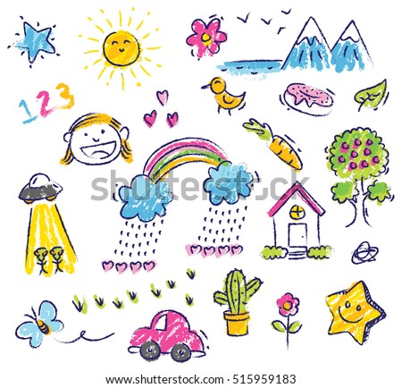cute kid drawing isolated on white background Royalty-Free Stock Photo #515959183