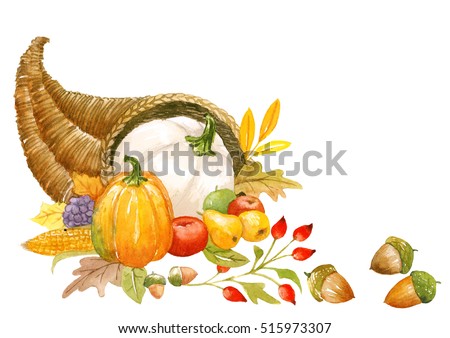 Autumn thanksgiving card template, hand watercolor painted, isolated, clipping path included, quick isolation. Pumpkin, apple, pear, mushroom, basket.