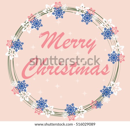 Merry Christmas Card Wreath with flowers Vector. Holly holiday greeting garland. Pink pastel color