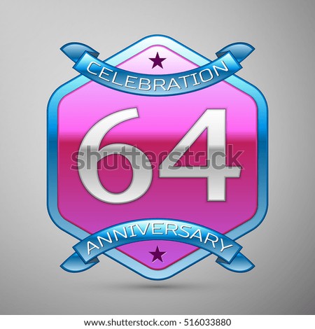 Sixty four years anniversary celebration silver logo with blue ribbon and purple hexagonal ornament on grey background.