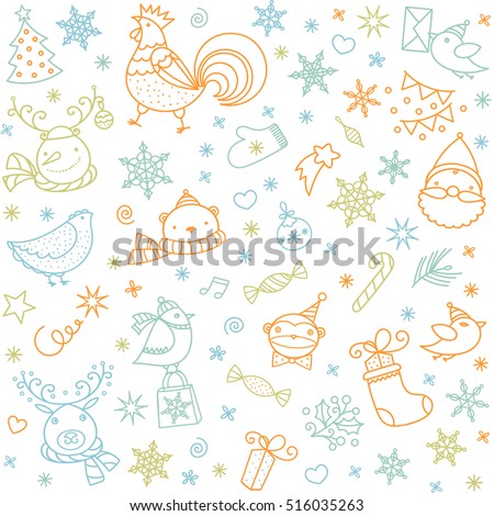 New Year and Xmas vector seamless pattern. Christmas animals, birds, winter doodle flat icons set.