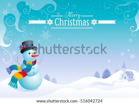 Merry Christmas and Happy New year flayer frame. Holiday vector illustration, winter scene landscape, cold sunny weather, cute cartoon snowman in hat and scarf