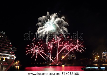 Beautiful and pyrotechnic fireworks in Genoa, Italy / Fireworks in Genoa harbur, Italy;
