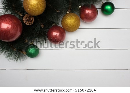 Handmade christmas Decoration Over Wooden Background. Decorations over White Wood. 