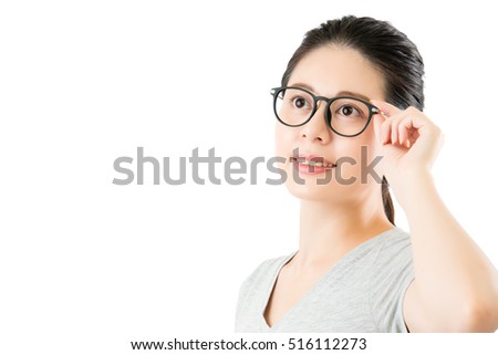 asian beauty woman put on glasses for new vision. isolated on white background. medical and health concept