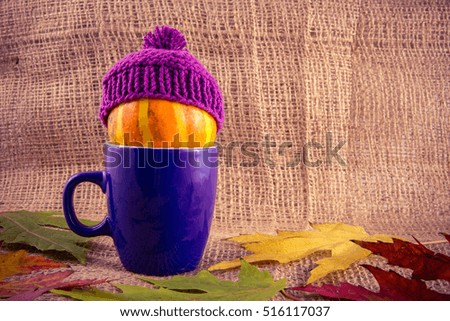 The one small pumpkin, wearing a purple knitted hat, is in the blue Cup on a background of burlap and autumn maple leaves, the Cup in the left side of the photo
