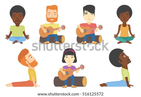 Tourist sitting on a log and playing an acoustic guitar. Tourist practicing in playing guitar. Tourist playing guitar in the camp. Set of vector flat design illustrations isolated on white background.
