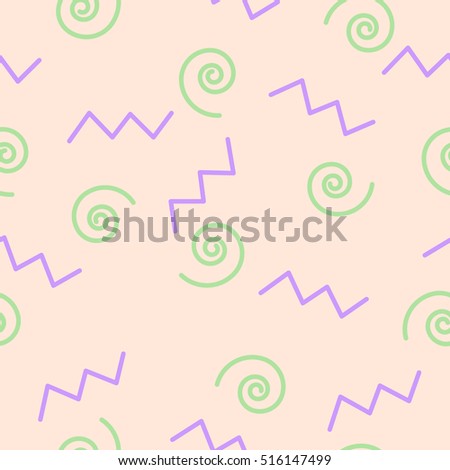 Seamless vector pattern with violet zigzags and green spirals on orange for wrapping, kraft, fabric, print, cards