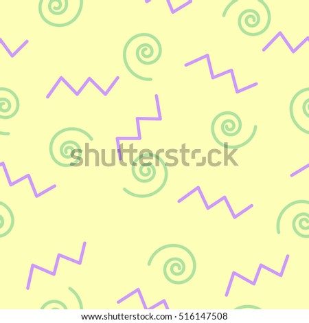 Seamless vector pattern with violet zigzags and green spirals on yellow for wrapping, kraft, fabric, print, cards